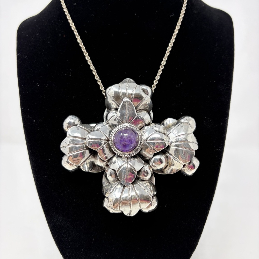 Vintage Mexican 925 Sterling Silver Amethyst Cross Pendant 62g Pre 1948